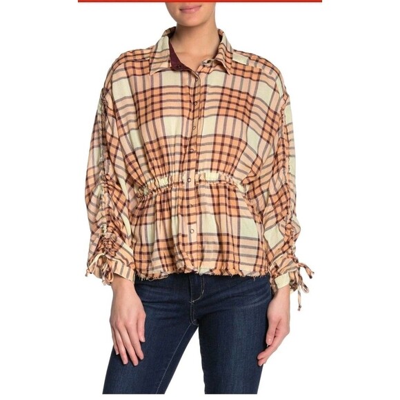 We The Free Tops - We The Free Pacific Dawn Peach Brown Plaid Button Down Top Boho Women's Shirt L